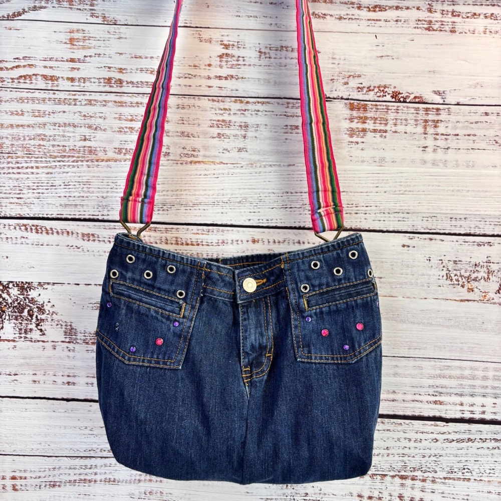 Handmade Upcycled Blue Denim Jean Shoulder Bag Rhinestone Striped Strap Boho - Picture 9 of 14